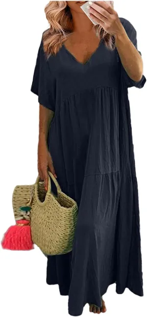 Womens Summer Cotton Linen Dresses Casual Short Sleeve Plus Size Midi Dress Elegant V Neck Ruched Flowy Boho Dress