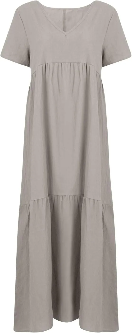 Womens Summer Cotton Linen Dresses Casual Short Sleeve Plus Size Midi Dress Elegant V Neck Ruched Flowy Boho Dress