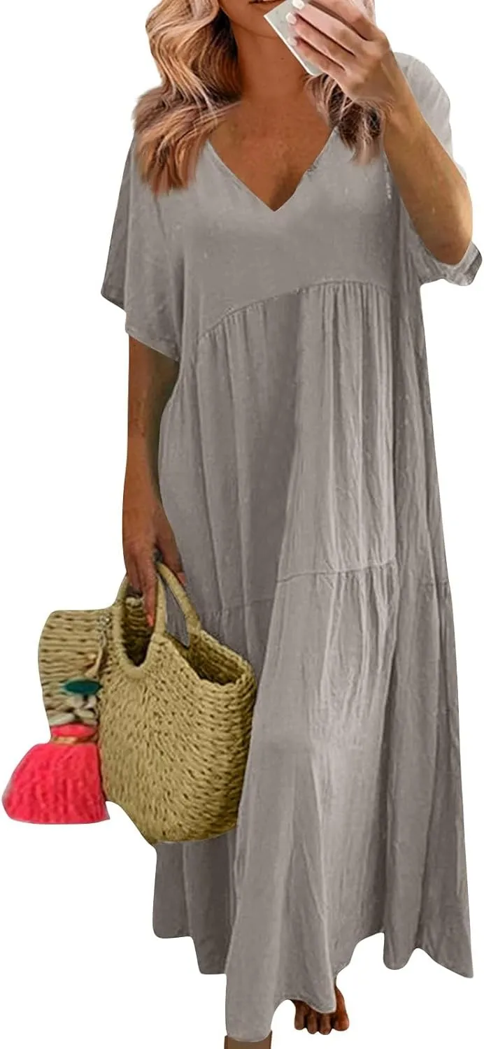 Womens Summer Cotton Linen Dresses Casual Short Sleeve Plus Size Midi Dress Elegant V Neck Ruched Flowy Boho Dress