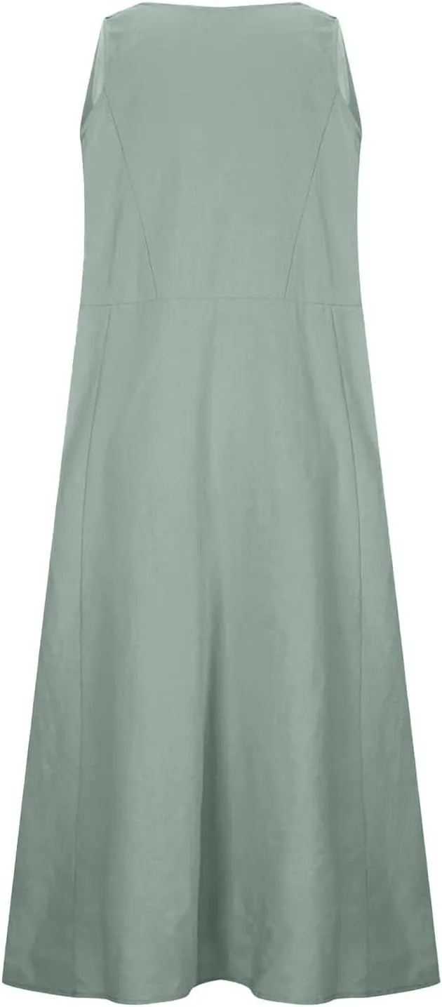 Womens Summer Linen Dress Sleeveless Elegant Flowy 2025 New Dresses Plus Size Loose Comfy Long Skirt with Pockets