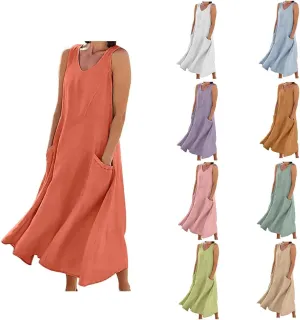 Womens Summer Linen Dress Sleeveless Elegant Flowy 2025 New Dresses Plus Size Loose Comfy Long Skirt with Pockets