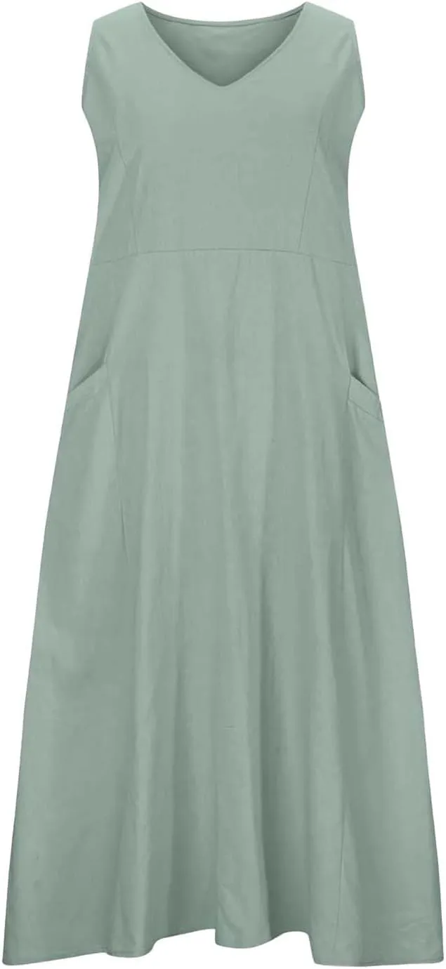 Womens Summer Linen Dress Sleeveless Elegant Flowy 2025 New Dresses Plus Size Loose Comfy Long Skirt with Pockets