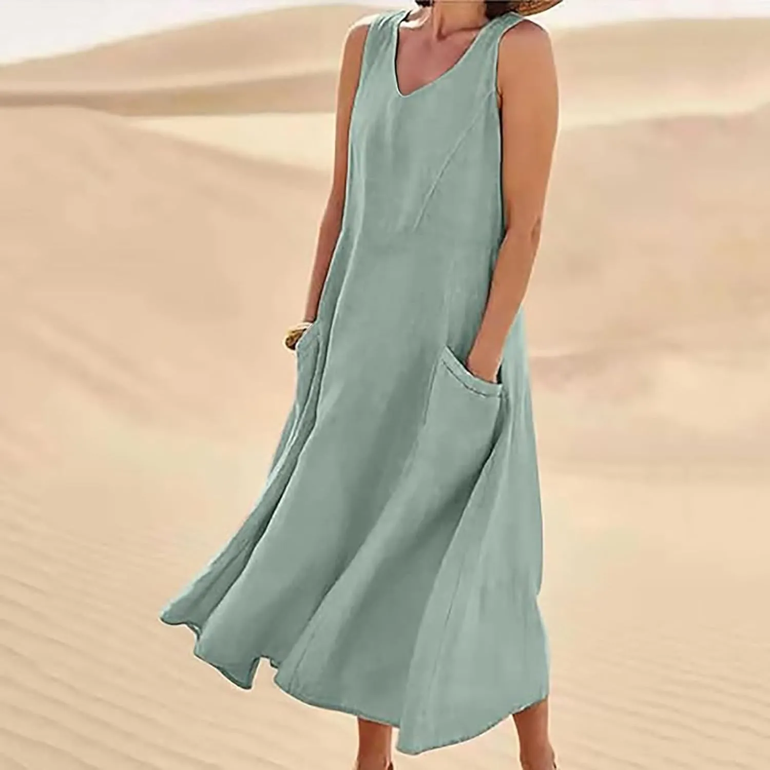 Womens Summer Linen Dress Sleeveless Elegant Flowy 2025 New Dresses Plus Size Loose Comfy Long Skirt with Pockets
