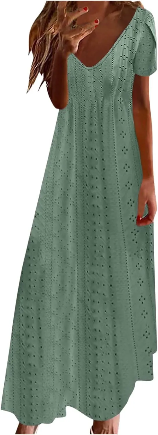 Women's Summer Maxi Dress Trendy Eyelet Embroidery Petal Sleeve Beach Dresses Ladies Casual A-Line Flowy Long Dress