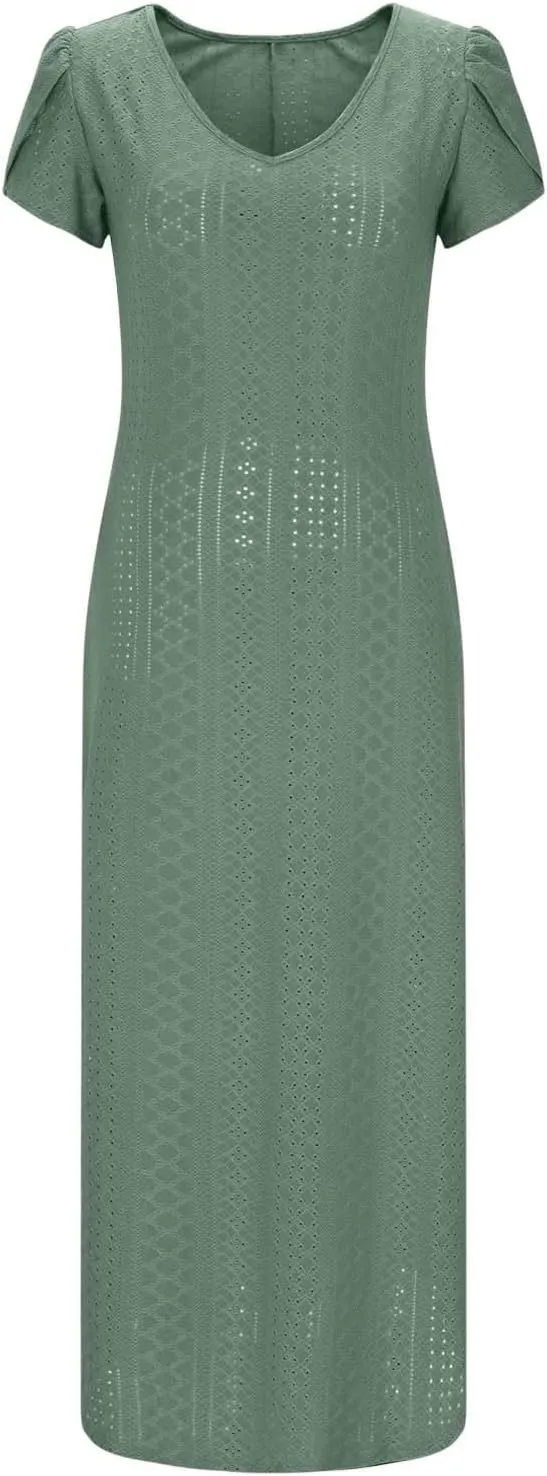 Women's Summer Maxi Dress Trendy Eyelet Embroidery Petal Sleeve Beach Dresses Ladies Casual A-Line Flowy Long Dress