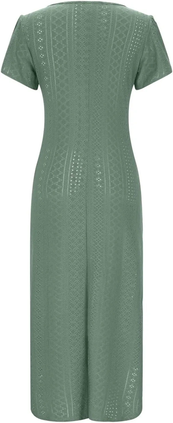 Women's Summer Maxi Dress Trendy Eyelet Embroidery Petal Sleeve Beach Dresses Ladies Casual A-Line Flowy Long Dress