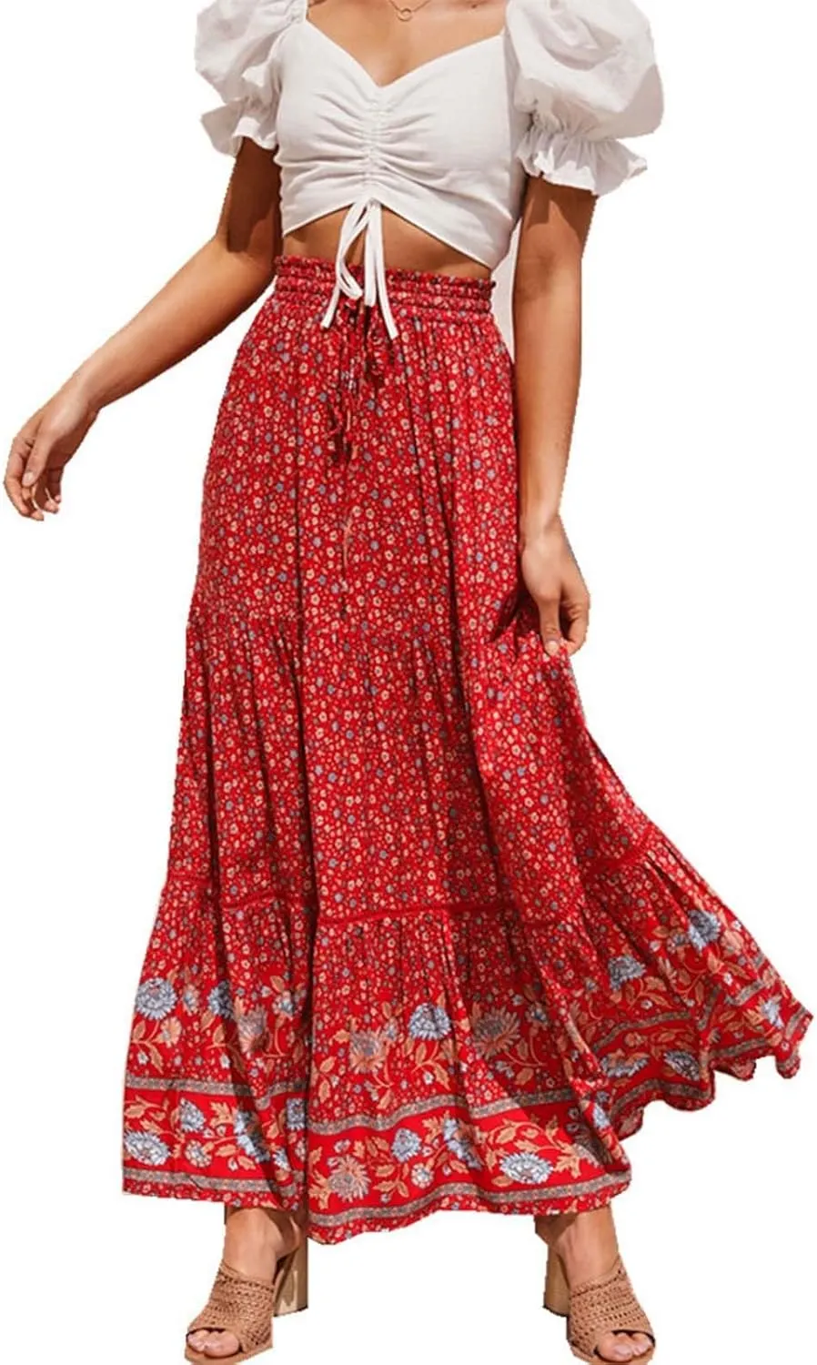 Womens Summer Skirts for Vacation 2025 High Waist Tummy Control Bohemian Floral Print Ruffles Pleated Maxi Skirts