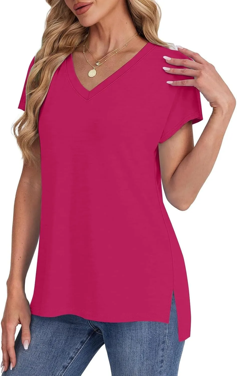 Womens Summer V Neck T Shirts Short Sleeve Basic Tee Tops Dressy Casual Loose Fit Cute Tshirt Trendy Fashion Outfits