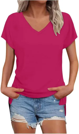 Womens Summer V Neck T Shirts Short Sleeve Basic Tee Tops Dressy Casual Loose Fit Cute Tshirt Trendy Fashion Outfits