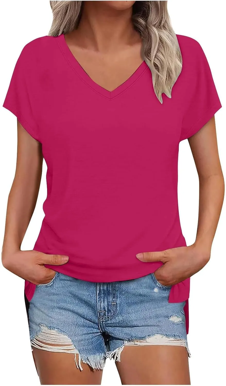 Womens Summer V Neck T Shirts Short Sleeve Basic Tee Tops Dressy Casual Loose Fit Cute Tshirt Trendy Fashion Outfits