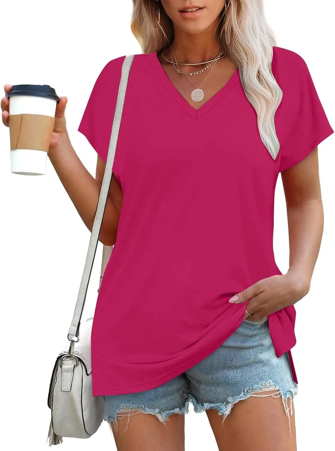 Womens Summer V Neck T Shirts Short Sleeve Basic Tee Tops Dressy Casual Loose Fit Cute Tshirt Trendy Fashion Outfits