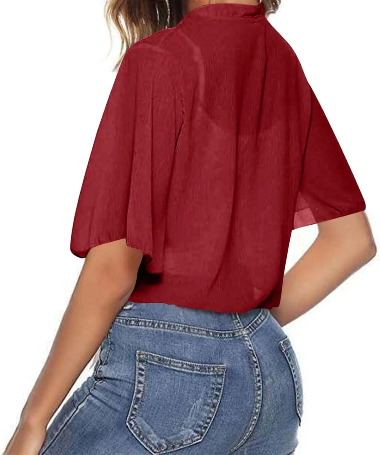 Women's Tie Front Knot Short Sleeeve Crop Tops Blouse Lightweight Chiffon Bolero Shrugs Summer Sheer Shawl Cardigans