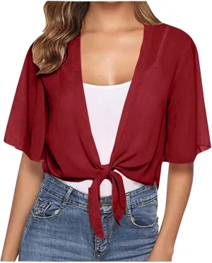 Women's Tie Front Knot Short Sleeeve Crop Tops Blouse Lightweight Chiffon Bolero Shrugs Summer Sheer Shawl Cardigans
