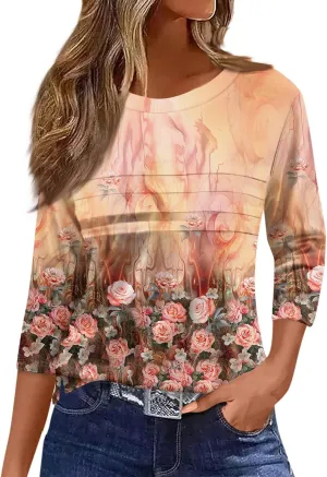 Womens Tops Fashion 3/4 Sleeve Round Neck Shirts Casual Trendy Print Blouses Pleated Front T Shirts