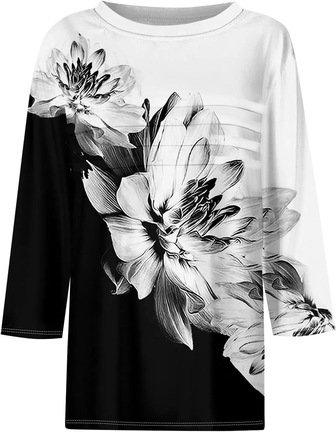 Womens Tops Fashion 3/4 Sleeve Round Neck Shirts Casual Trendy Print Blouses Pleated Front T Shirts
