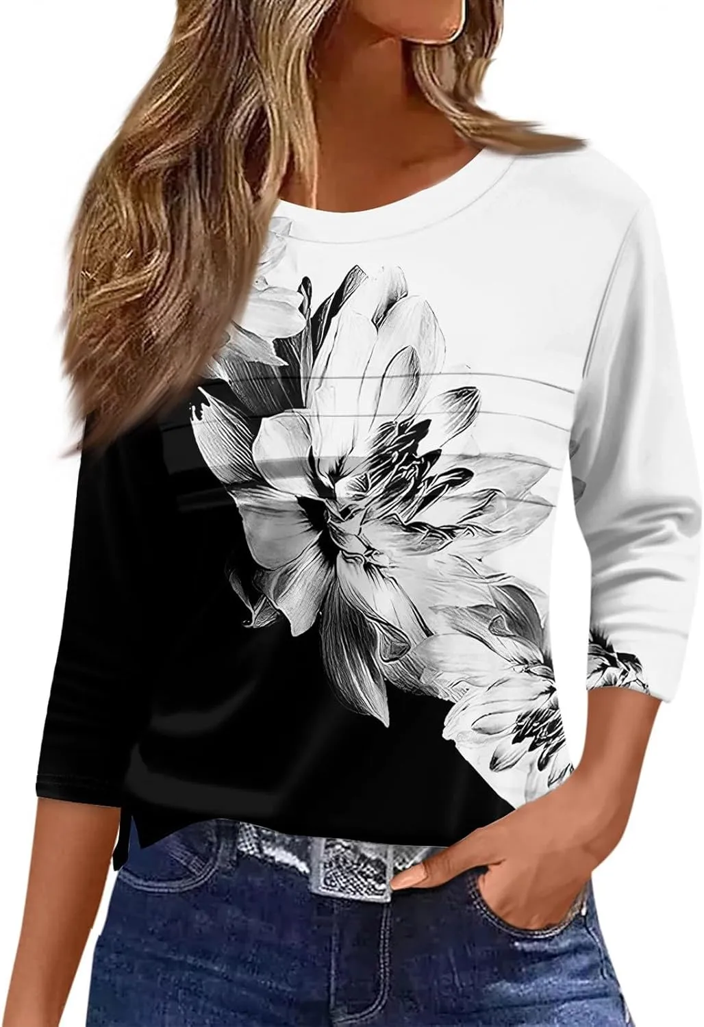 Womens Tops Fashion 3/4 Sleeve Round Neck Shirts Casual Trendy Print Blouses Pleated Front T Shirts