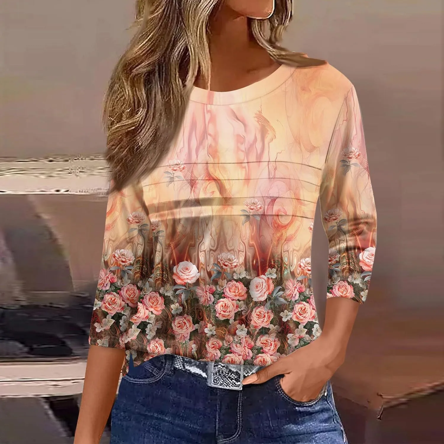 Womens Tops Fashion 3/4 Sleeve Round Neck Shirts Casual Trendy Print Blouses Pleated Front T Shirts