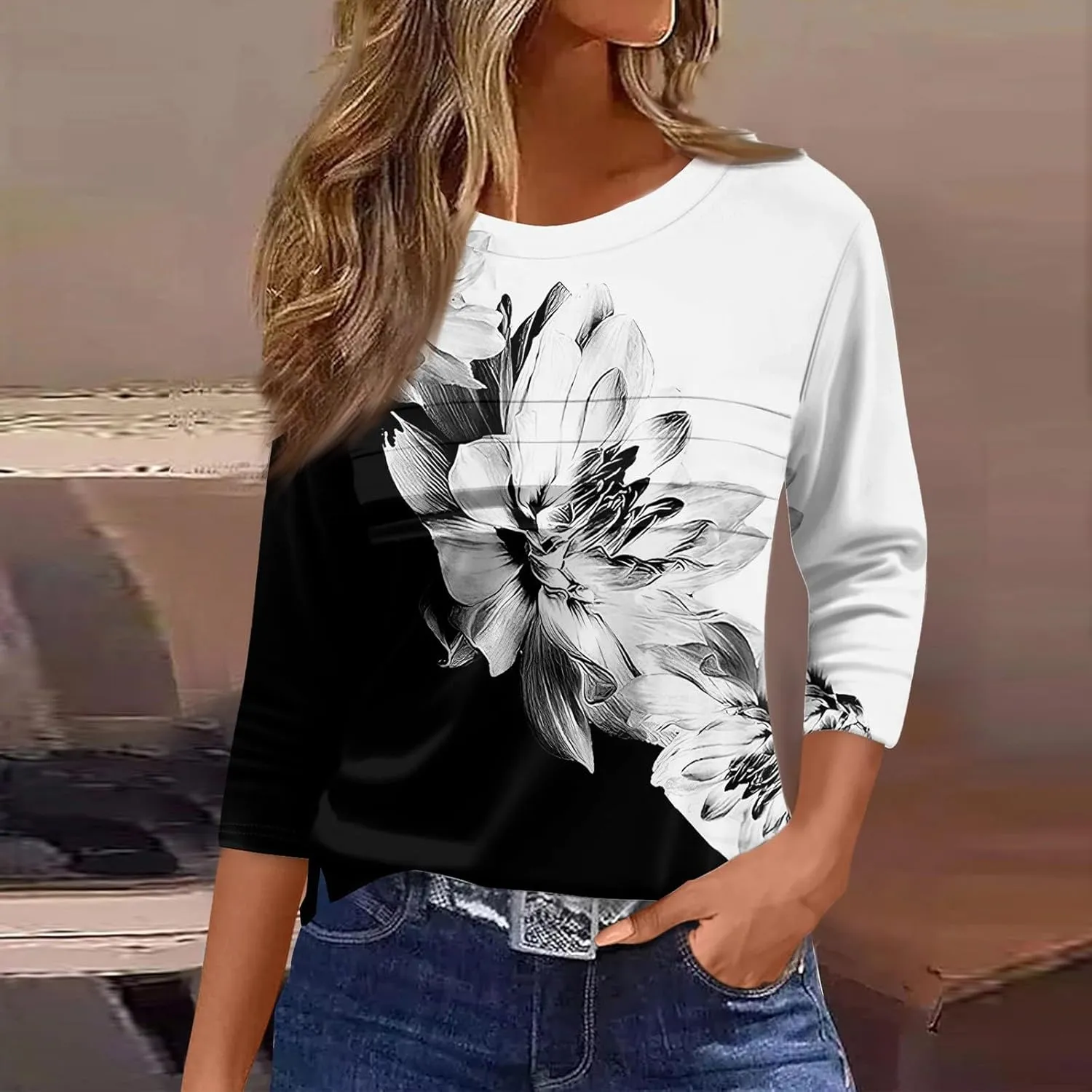 Womens Tops Fashion 3/4 Sleeve Round Neck Shirts Casual Trendy Print Blouses Pleated Front T Shirts