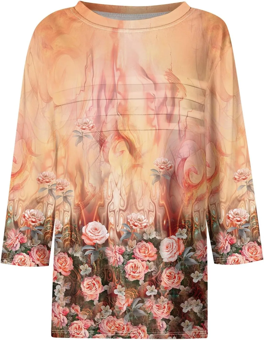 Womens Tops Fashion 3/4 Sleeve Round Neck Shirts Casual Trendy Print Blouses Pleated Front T Shirts