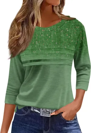 Womens Tops Fashion 3/4 Sleeve Round Neck Shirts Casual Trendy Print Blouses Pleated Front T Shirts