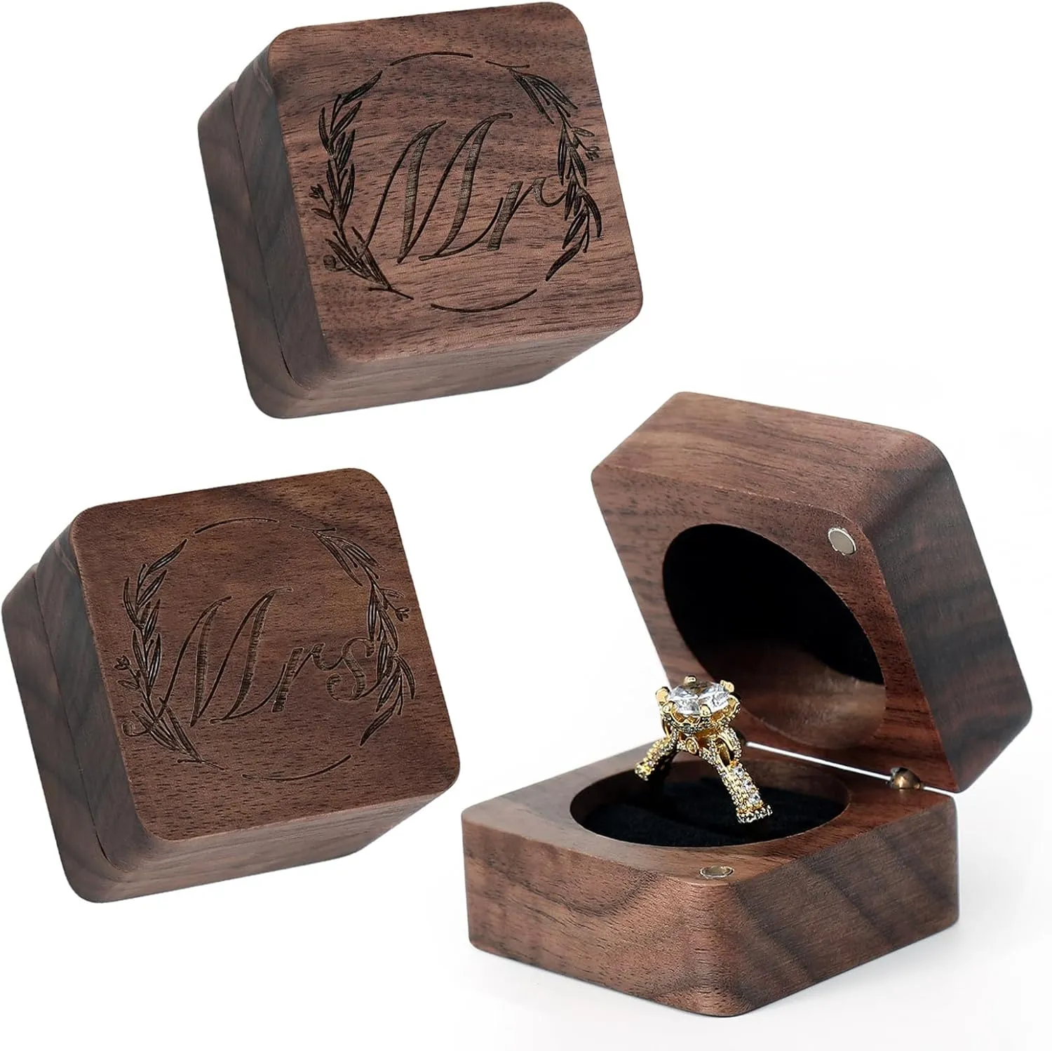 Wooden Ring Box - Handcrafted Ring Boxes and Ring Holder Portable Jewelry Case Premium Gift for Weddings, Engagements, Anniversaries, and Birthdays(2 PCs)