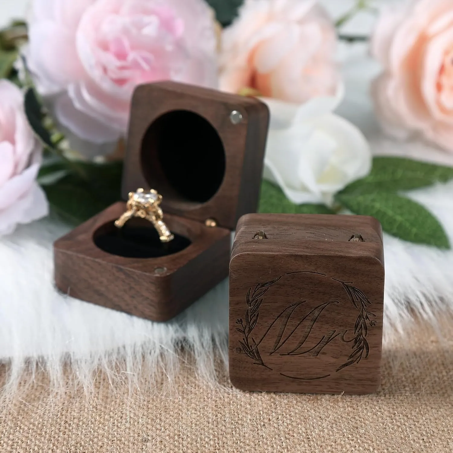 Wooden Ring Box - Handcrafted Ring Boxes and Ring Holder Portable Jewelry Case Premium Gift for Weddings, Engagements, Anniversaries, and Birthdays(2 PCs)