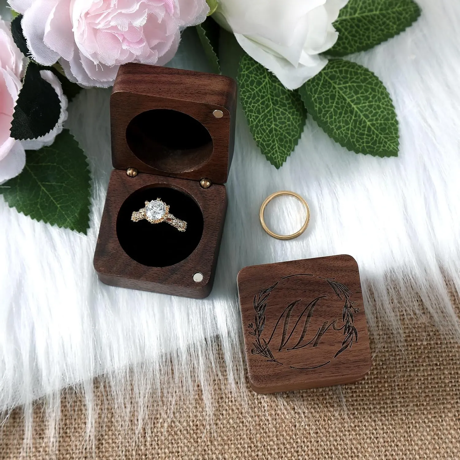 Wooden Ring Box - Handcrafted Ring Boxes and Ring Holder Portable Jewelry Case Premium Gift for Weddings, Engagements, Anniversaries, and Birthdays(2 PCs)