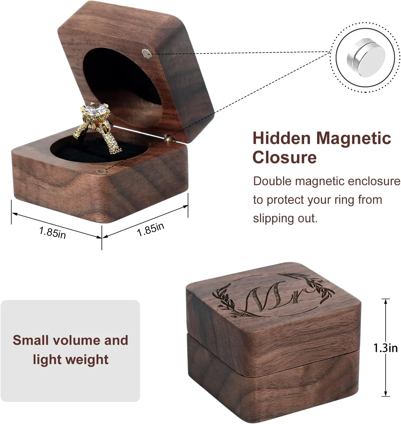 Wooden Ring Box - Handcrafted Ring Boxes and Ring Holder Portable Jewelry Case Premium Gift for Weddings, Engagements, Anniversaries, and Birthdays(2 PCs)