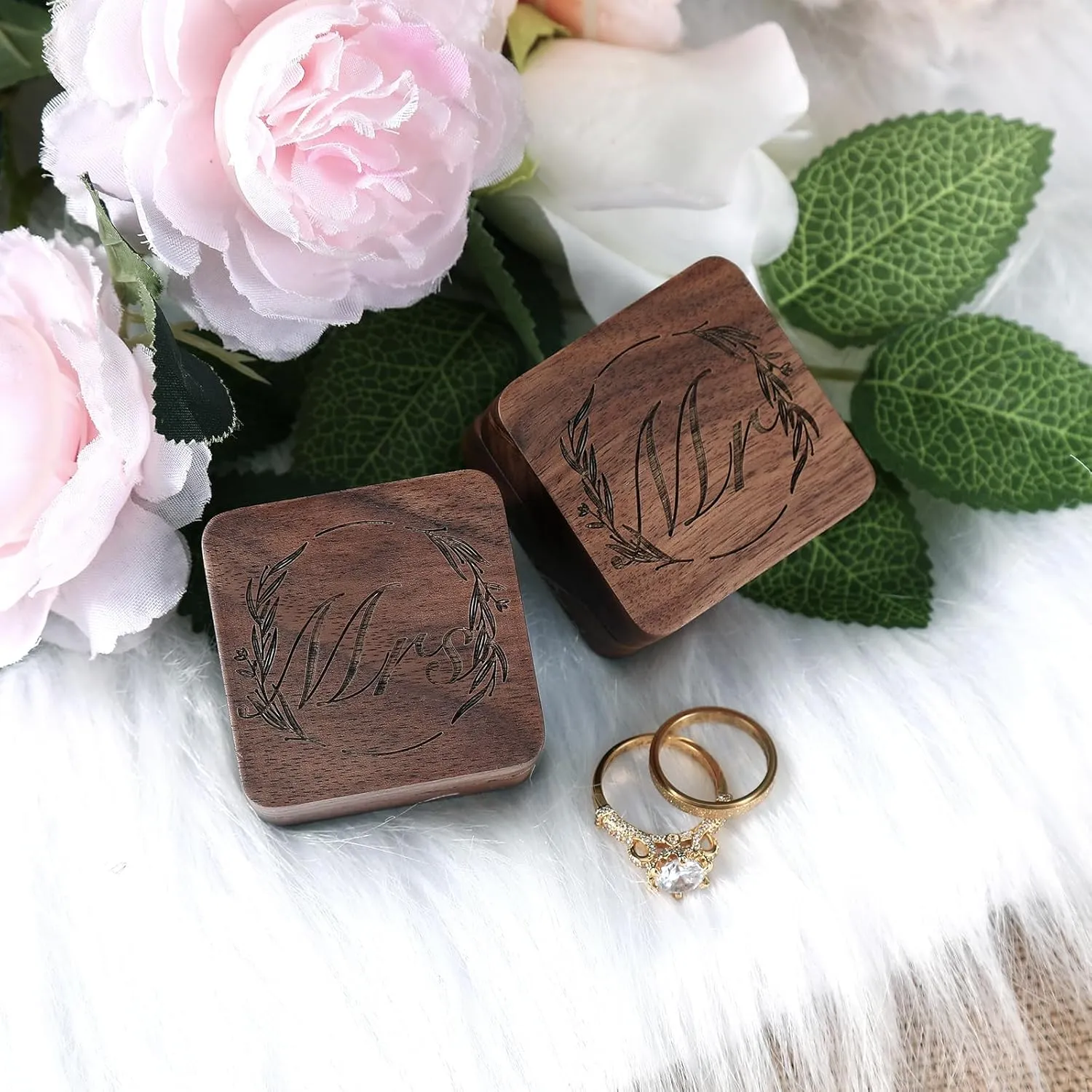 Wooden Ring Box - Handcrafted Ring Boxes and Ring Holder Portable Jewelry Case Premium Gift for Weddings, Engagements, Anniversaries, and Birthdays(2 PCs)