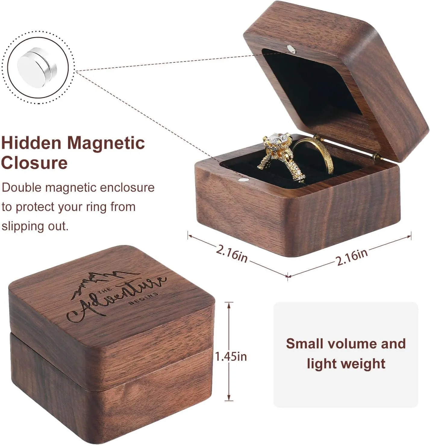 Wooden Ring Box - Handcrafted Ring Boxes and Ring Holder Portable Jewelry Case Premium Gift for Weddings, Engagements, Anniversaries, and Birthdays