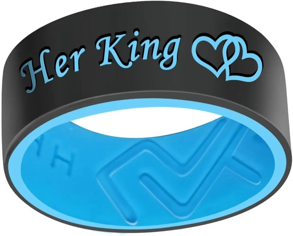 XAHH Silicone Couple Ring,Her King His Queen Lovers Ring,Engagement Wedding Bands,Anniversary Promise Love Heart Ring,Black Blue Pink Tone