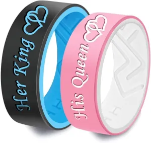 XAHH Silicone Couple Ring,Her King His Queen Lovers Ring,Engagement Wedding Bands,Anniversary Promise Love Heart Ring,Black Blue Pink Tone