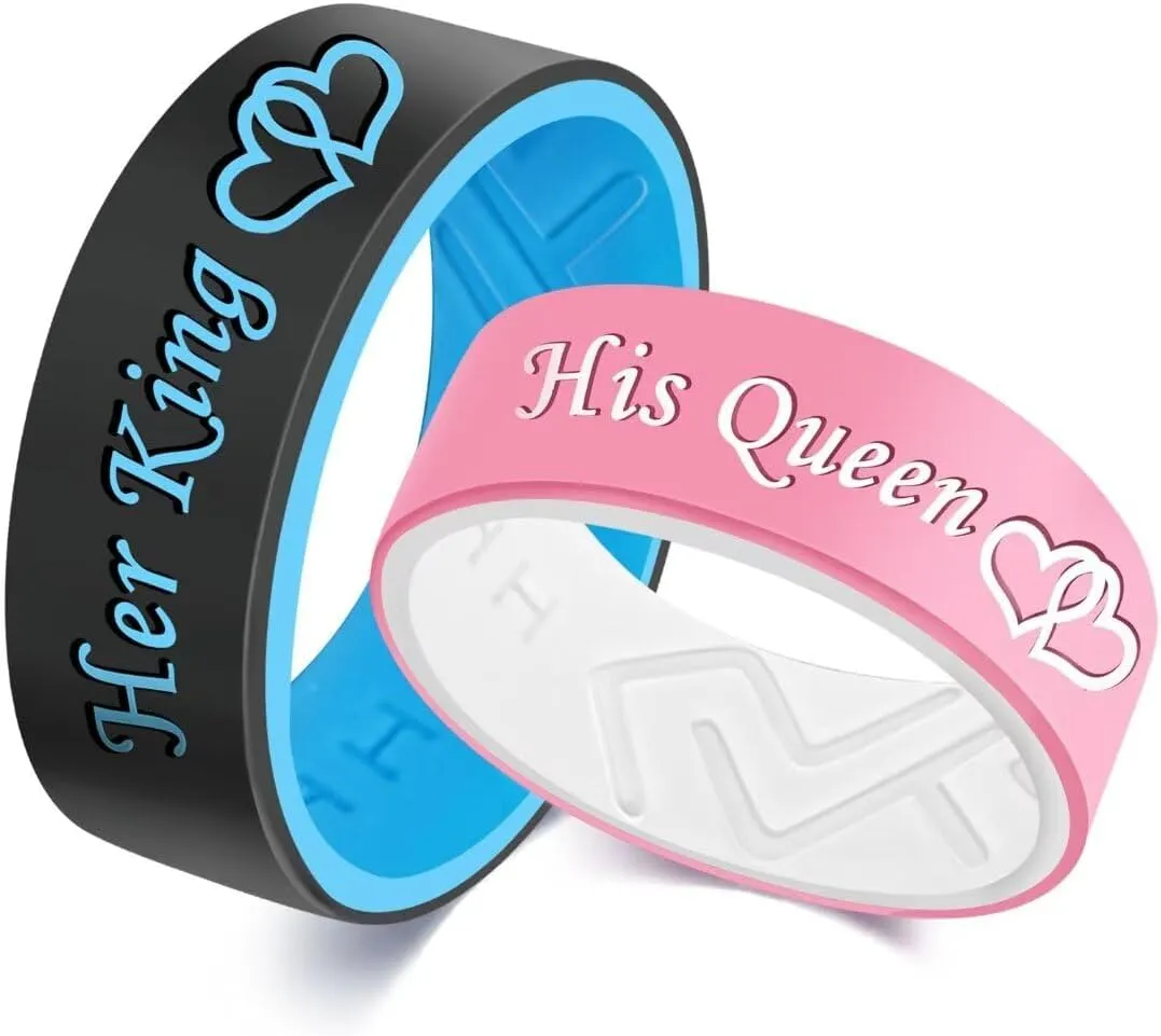 XAHH Silicone Couple Ring,Her King His Queen Lovers Ring,Engagement Wedding Bands,Anniversary Promise Love Heart Ring,Black Blue Pink Tone