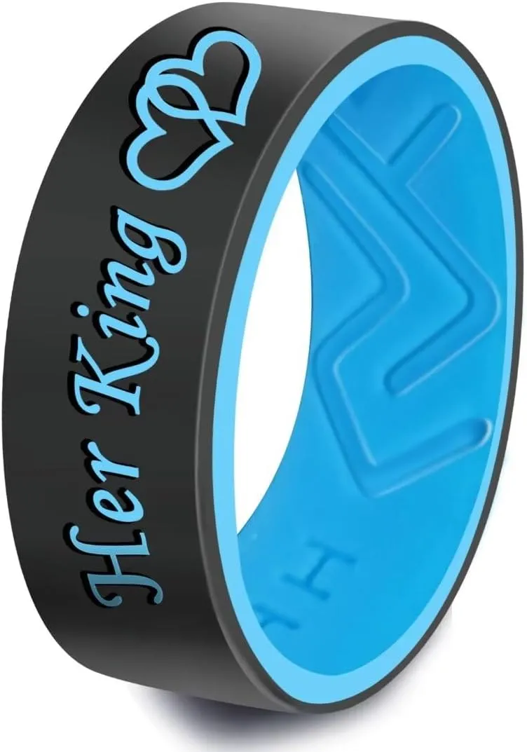 XAHH Silicone Couple Ring,Her King His Queen Lovers Ring,Engagement Wedding Bands,Anniversary Promise Love Heart Ring,Black Blue Pink Tone