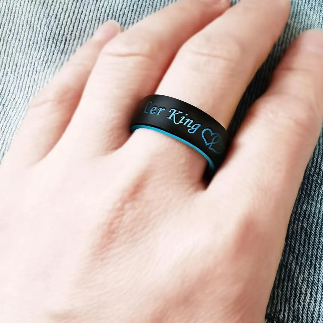 XAHH Silicone Couple Ring,Her King His Queen Lovers Ring,Engagement Wedding Bands,Anniversary Promise Love Heart Ring,Black Blue Pink Tone