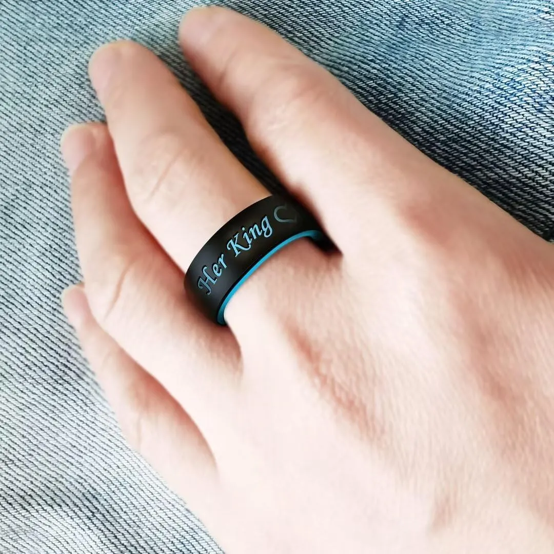 XAHH Silicone Couple Ring,Her King His Queen Lovers Ring,Engagement Wedding Bands,Anniversary Promise Love Heart Ring,Black Blue Pink Tone