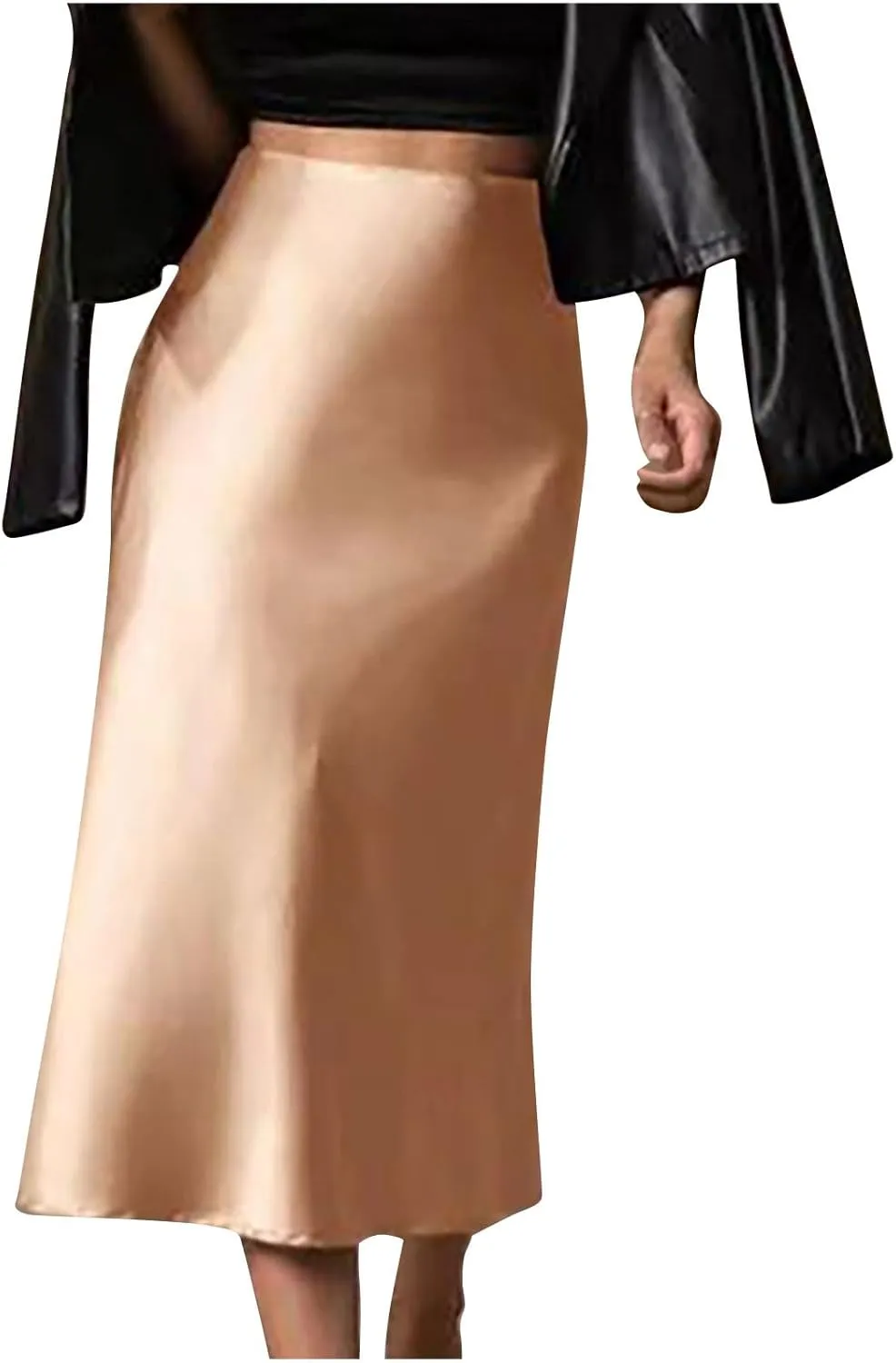 Xiaojmake Satin Skirts for Women Trendy High Waisted Waistband Flared Casual A Line Midi Skirt Zipper Elegant Work Skirts