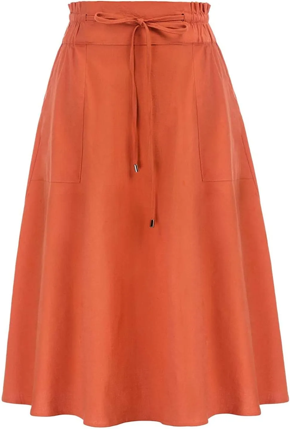 YOLAI Women Elastic High Waist Solid Colours Boho Knee Length Skirt Casual Drawstring A Line Long Skirt with Pockets
