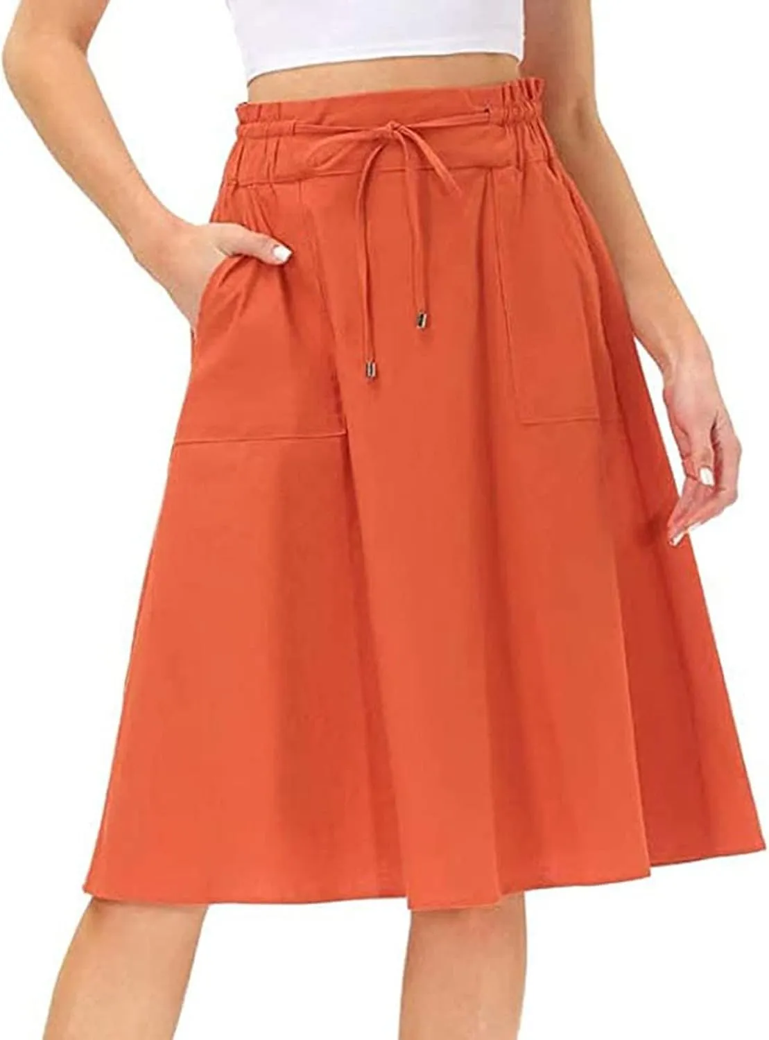 YOLAI Women Elastic High Waist Solid Colours Boho Knee Length Skirt Casual Drawstring A Line Long Skirt with Pockets