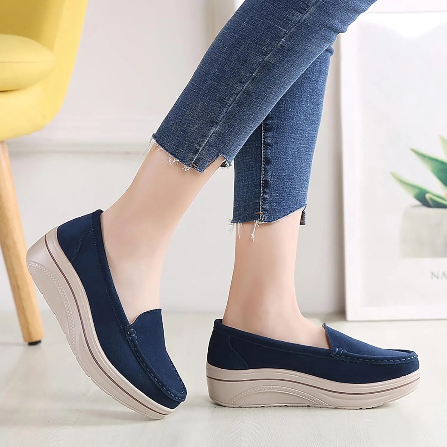 ZSpzx Comfy Platform Loafers for Women Slip On Round Toe Air Cushioned Jogging Shoes Arch Support Orthopedic Non Slip Walking Tennis Sneakers Wedge Boat Shoe Lightweight Footwear