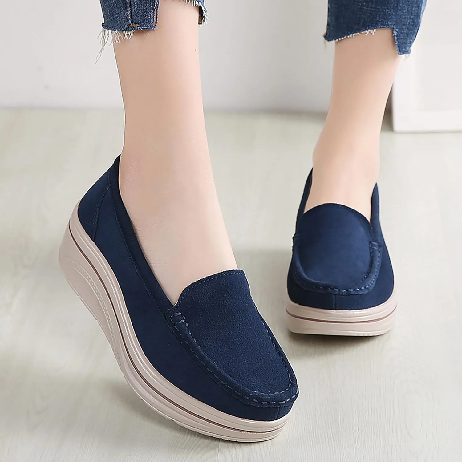 ZSpzx Comfy Platform Loafers for Women Slip On Round Toe Air Cushioned Jogging Shoes Arch Support Orthopedic Non Slip Walking Tennis Sneakers Wedge Boat Shoe Lightweight Footwear